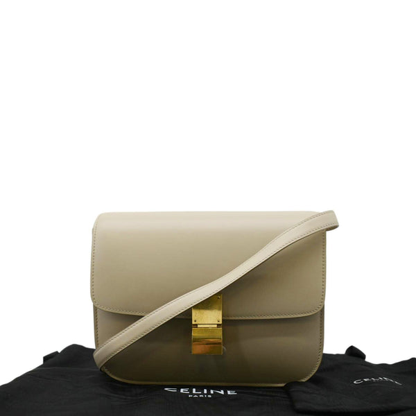 CELINE Classic Box Medium  Leather Flap Shoulder Bag Greige
