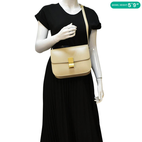 CELINE Classic Box Medium  Leather Flap Shoulder Bag Greige