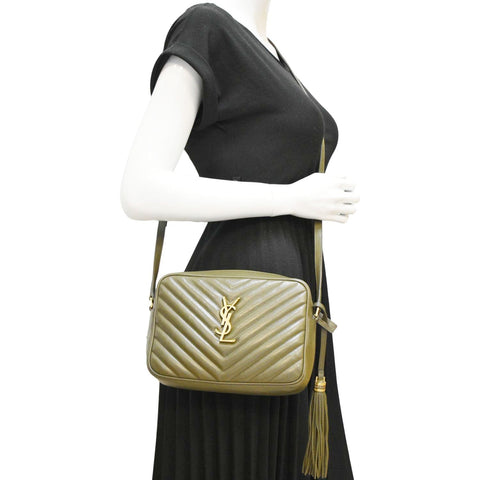 YVES SAINT LAURENT Lou Chevron Leather Camera Crossbody Bag Olive