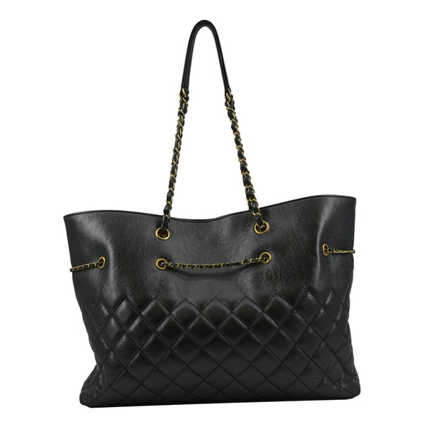 CHANEL Front CC Drawstring Quilted Leather Shopping Tote Bag Dark Grey