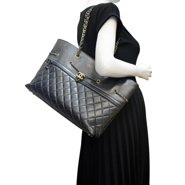 CHANEL Front CC Drawstring Quilted Leather Shopping Tote Bag Dark Grey