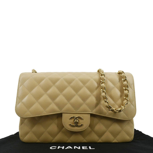 CHANEL Classic Jumbo Double Flap Quilted Caviar Leather Shoulder Bag Beige