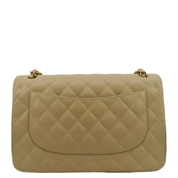 CHANEL Classic Jumbo Double Flap Quilted Caviar Leather Shoulder Bag Beige