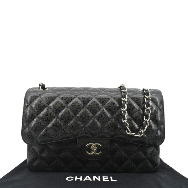 CHANEL Classic Jumbo Double Flap Quilted Caviar Leather Shoulder Bag Black