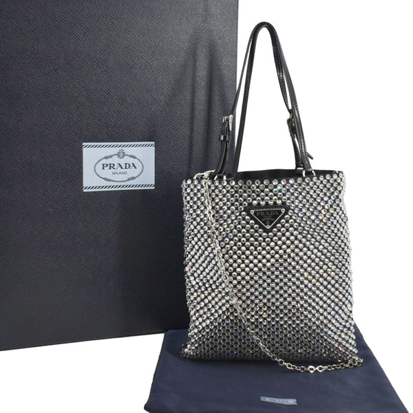 PRADA Chain Flat Mini Crystal Embellished Satin Tote Bag Silver