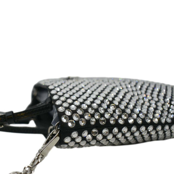 PRADA Chain Flat Mini Crystal Embellished Satin Tote Bag Silver