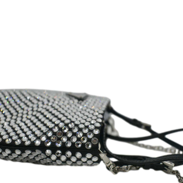PRADA Chain Flat Mini Crystal Embellished Satin Tote Bag Silver