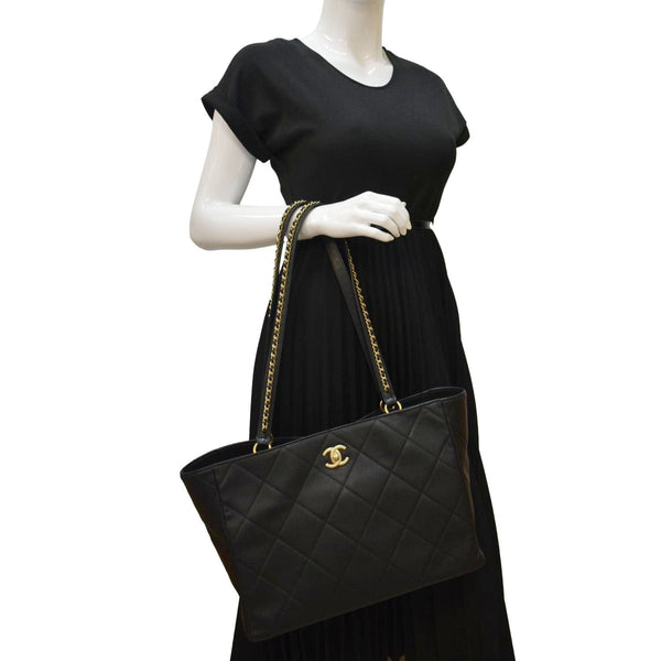 CHANEL Shopping Quilted Leather Tote Bag Black