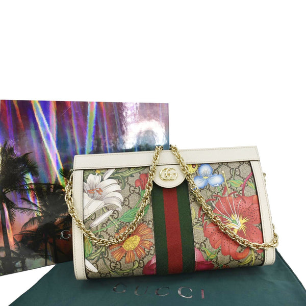 GUCCI Ophidia Web Small GG Floral Canvas Chain Shoulder Bag Beige 503877