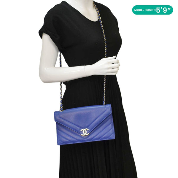 CHANEL Coco Envelope Flap Quilted Chevron Leather Crossbody Bag Blue