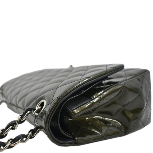 CHANEL Jumbo Flap Striated Quilted Patent Leather Shoulder Bag Green