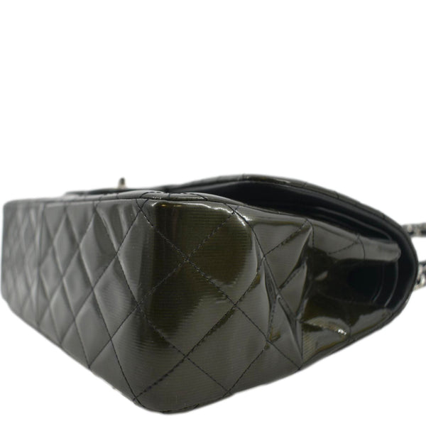 CHANEL Jumbo Flap Striated Quilted Patent Leather Shoulder Bag Green