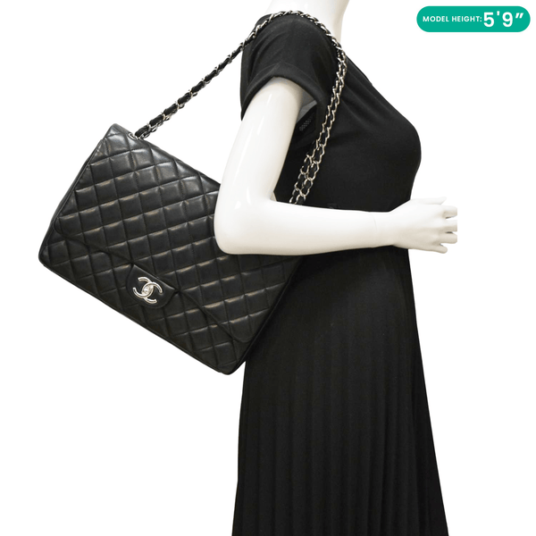CHANEL Maxi Double Flap Leather Shoulder Bag Black