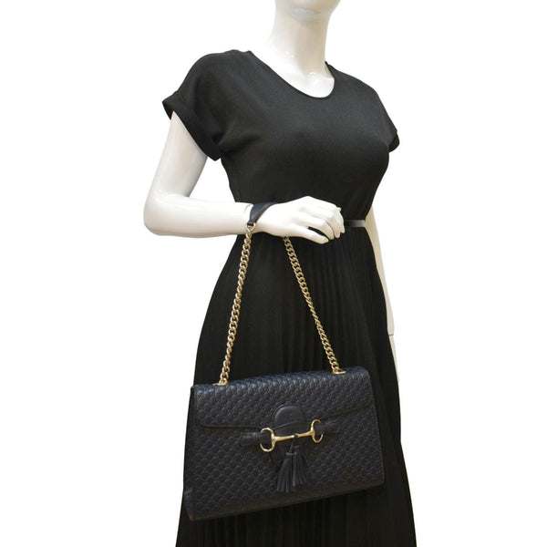 GUCCI Emily Medium GG Leather Chain Shoulder Bag Navy Blue 449635