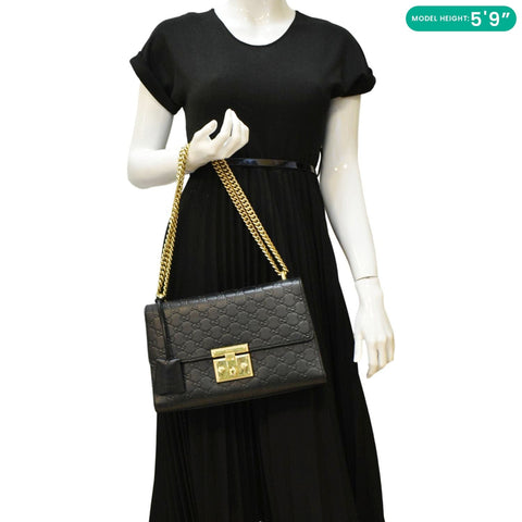 GUCCI Padlock Medium GG Leathrer Chain Shoulder Bag Black 409486