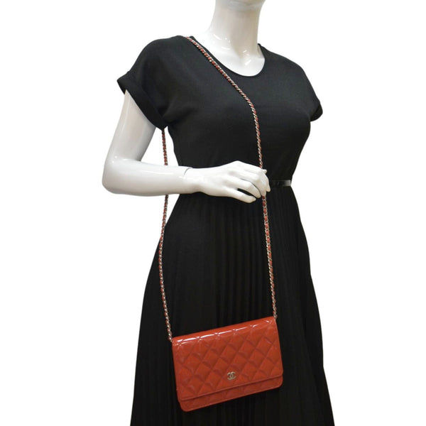 CHANEL WOC Quilted Leather Crossbody Wallet Red Orange