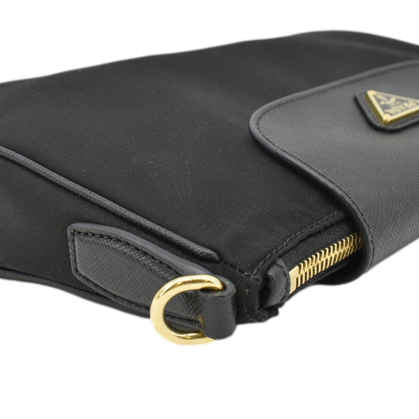 PRADA Small Tessuto Saffiano Crossbody Bag Black left corner look