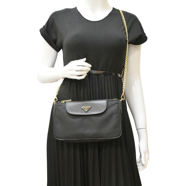 PRADA Small Tessuto Saffiano Crossbody Bag Black dummy look