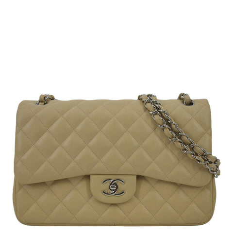 CHANEL Classic Jumbo Double Flap Quilted Leather Shoulder Bag Beige