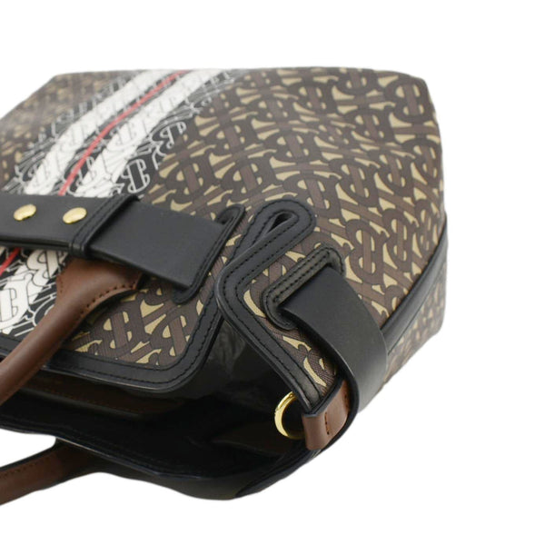 BURBERRY Belted Small Monogram Stripe E-Canvas Tote Shoulder Bag Brown