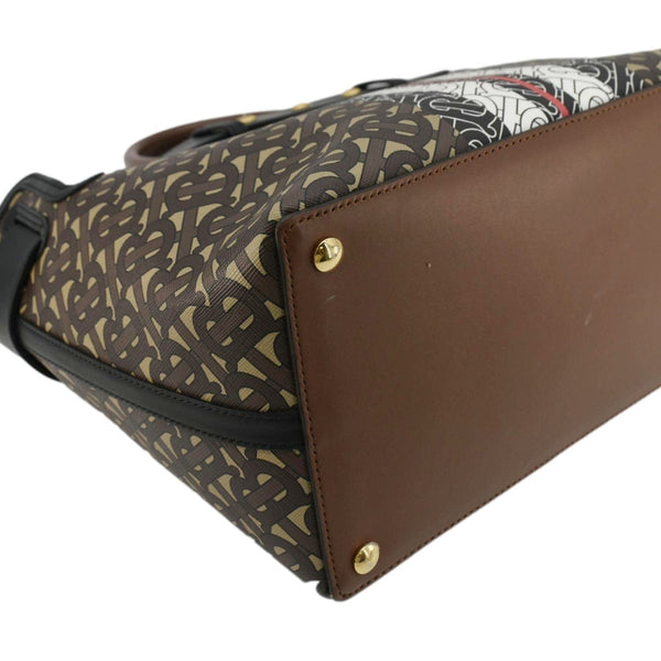 BURBERRY Belted Small Monogram Stripe E-Canvas Tote Shoulder Bag Brown