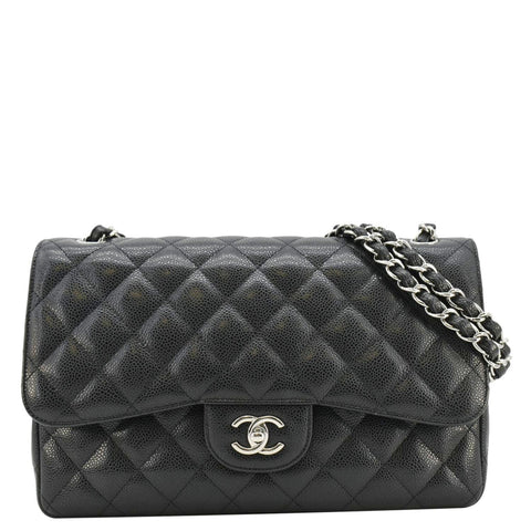 CHANEL Classic Jumbo Double Flap Quilted Caviar Leather Shoulder Bag Black