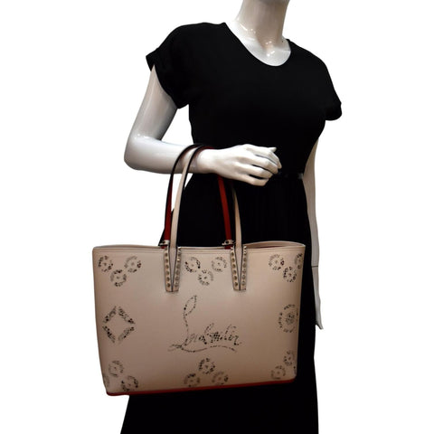 CHRISTIAN LOUBOUTIN Cabata Loubinthesky Calfskin Leather Tote Bag Beige