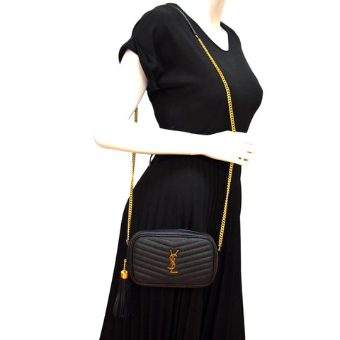 YVES SAINT LAURENT Lou Chevron Leather Camera Crossbody Bag Black