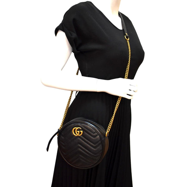 GUCCI GG Marmont Mini Round Leather Crossbody Bag Black 550154