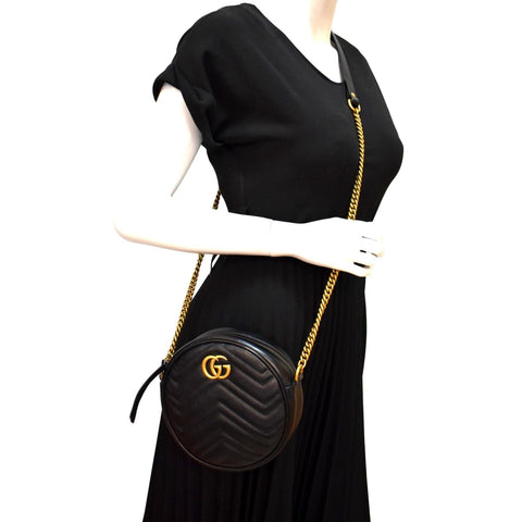 GUCCI GG Marmont Mini Round Leather Crossbody Bag Black 550154