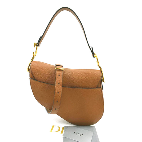 CHRISTIAN DIOR Saddle Grained Calfskin Leather Satchel Bag Cognac