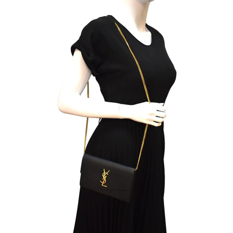 YVES SAINT LAURENT Uptown Leather Crossbody Chain Wallet Black