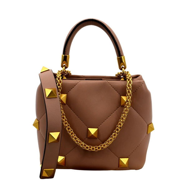 VALENTINO Small The Handle Roman Stud Lambskin Leather Crossbody Bag Rose Cannelle