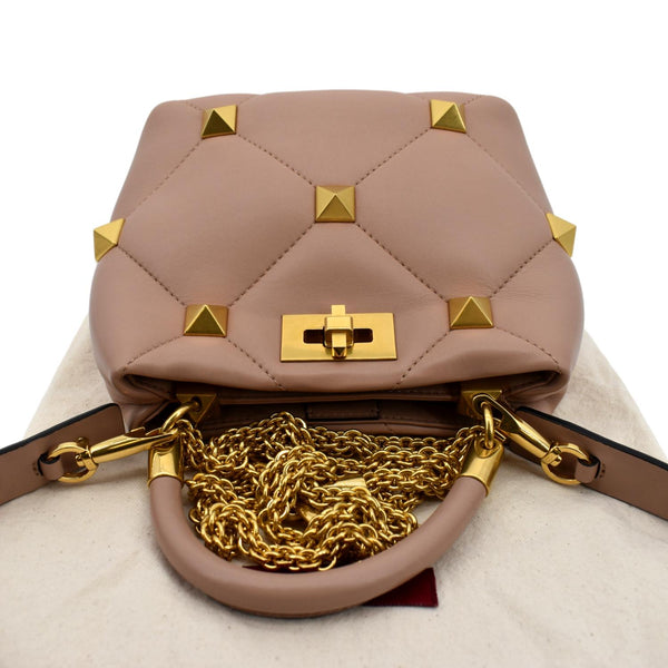 VALENTINO Small The Handle Roman Stud Lambskin Leather Crossbody Bag Rose Cannelle