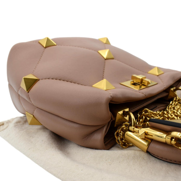 VALENTINO Small The Handle Roman Stud Lambskin Leather Crossbody Bag Rose Cannelle