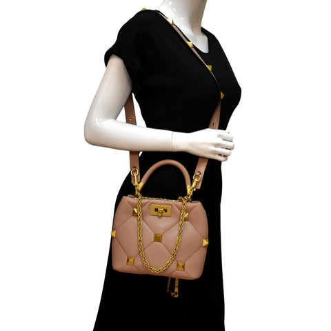 VALENTINO Small The Handle Roman Stud Lambskin Leather Crossbody Bag Rose Cannelle