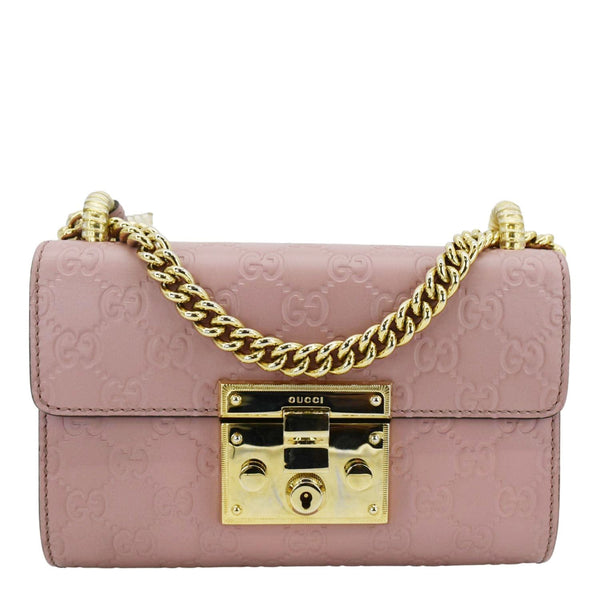 GUCCI Signature Padlock Leather Top Handle Shoulder Bag Pink front side