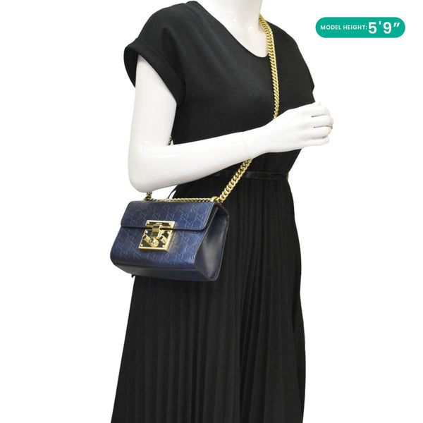 Gucci Signature Padlock Leather Top Handle Blue Shoulder Bag dummy look