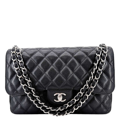 CHANEL Classic Jumbo Double Flap Quilted Caviar Leather Shoulder Bag Black