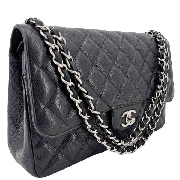 CHANEL Classic Jumbo Double Flap Quilted Caviar Leather Shoulder Bag Black