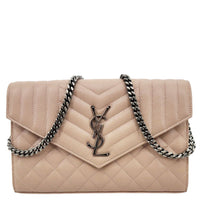 YVES SAINT LAURENT Envelope Sheepskin Leather Chain Shoulder Bag Dark Beige