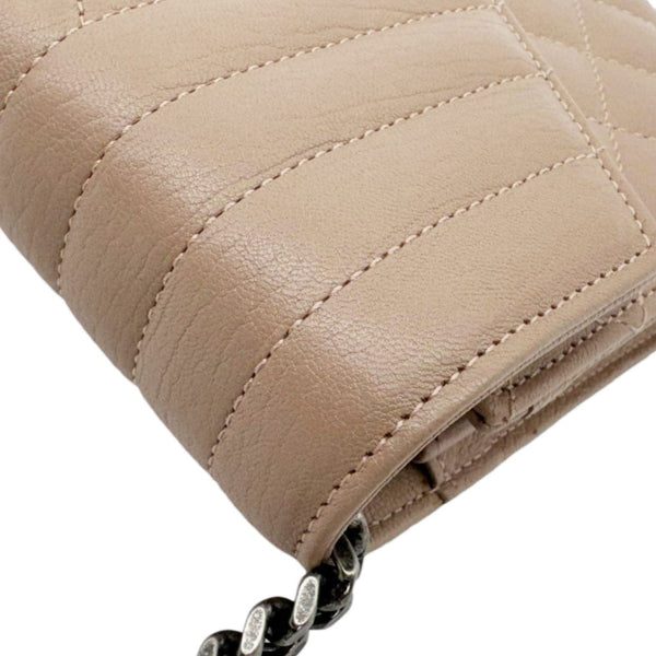 YVES SAINT LAURENT Envelope Sheepskin Leather Chain Shoulder Bag Dark Beige