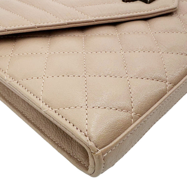 YVES SAINT LAURENT Envelope Sheepskin Leather Chain Shoulder Bag Dark Beige