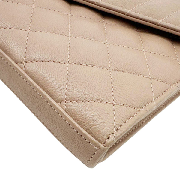 YVES SAINT LAURENT Envelope Sheepskin Leather Chain Shoulder Bag Dark Beige