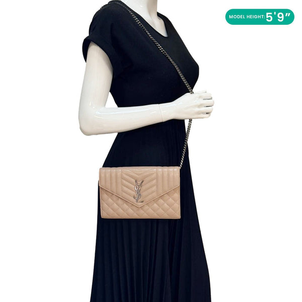 YVES SAINT LAURENT Envelope Sheepskin Leather Chain Shoulder Bag Dark Beige