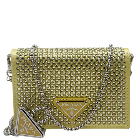 PRADA Triangle Logo Crystal Satin Chain Card Holder Shoulder Bag Gold