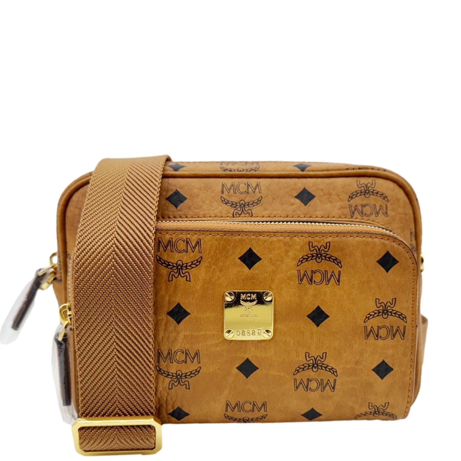 MCM Aren Small Classic Visetos Canvas Crossbody Bag Cognac