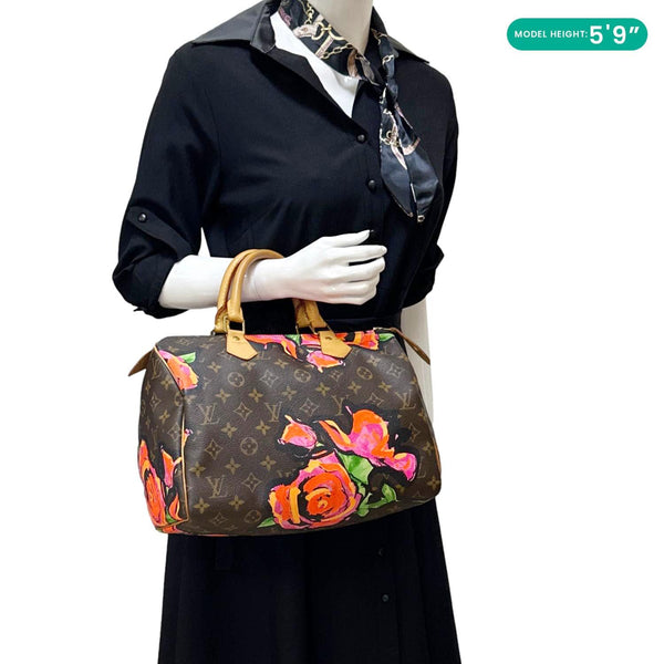 LOUIS VUITTON Speedy 30 Monogram Roses Canvas Satchel Bag Brown