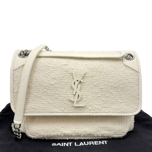 YVES SAINT LAURENT Niki Tweed Chain Crossbody Bag White
