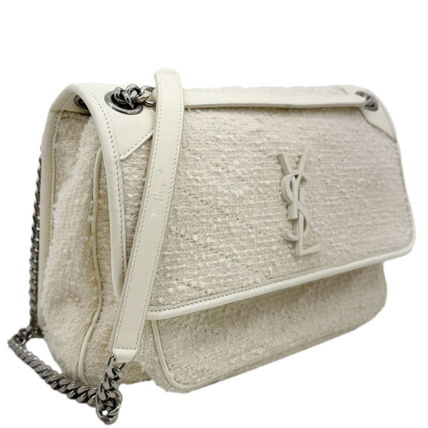 YVES SAINT LAURENT Niki Tweed Chain Crossbody Bag White